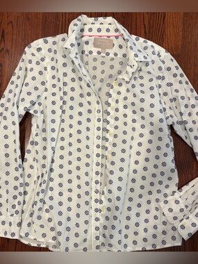 Banana Republic White Shirt with Navy Ship Wheel Print and Pink Trim